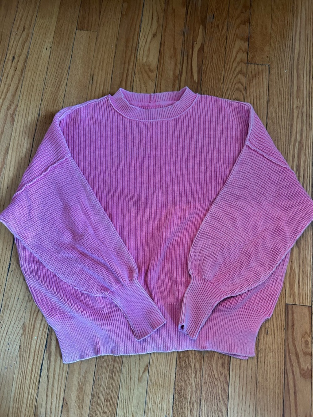 aerie Pink Ribbed Balloon-Sleeve Crewneck Sweater